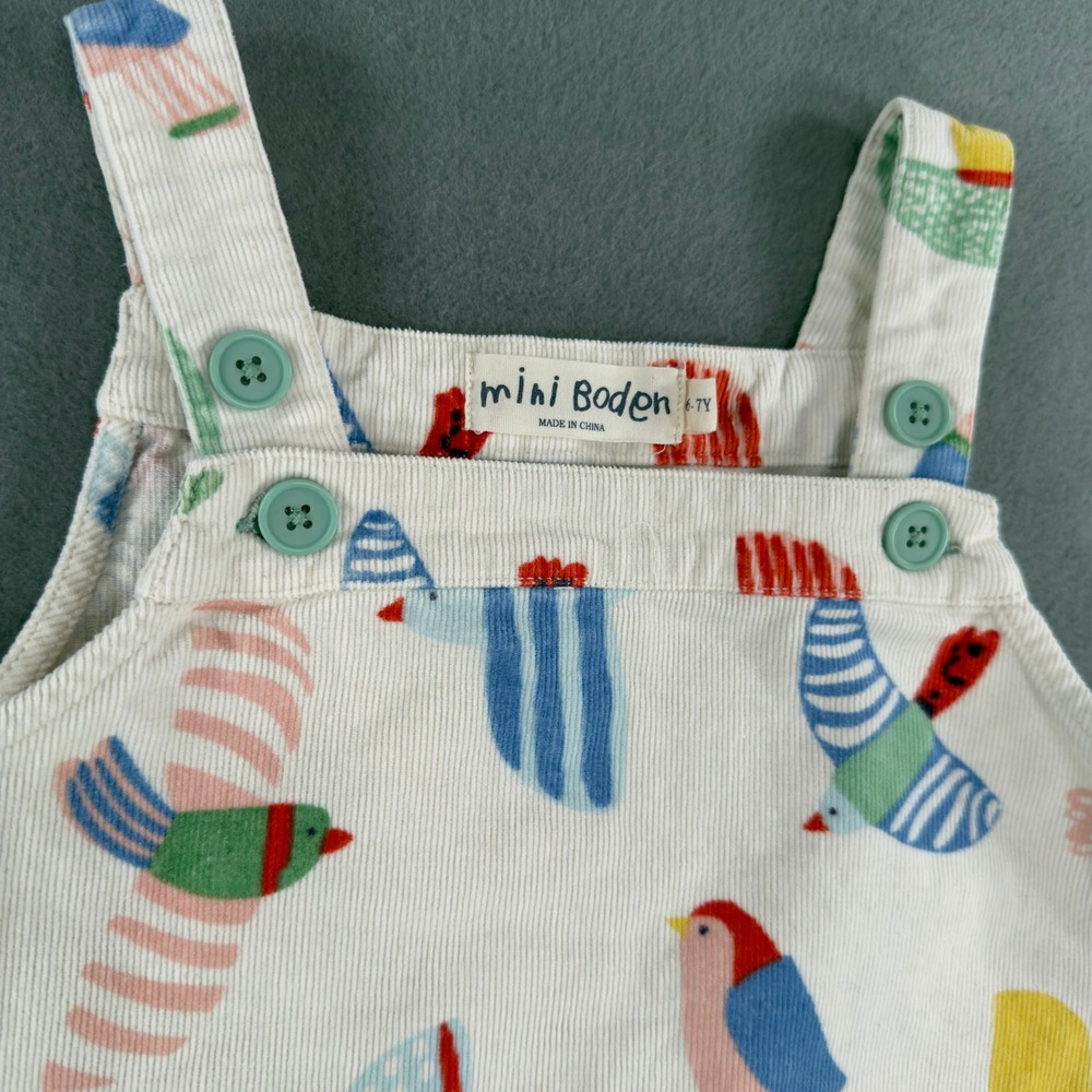 Mini Boden Girls Bird Print Corduroy Pinafore Dress White Multi Color 6-7Y - Picture 5 of 10